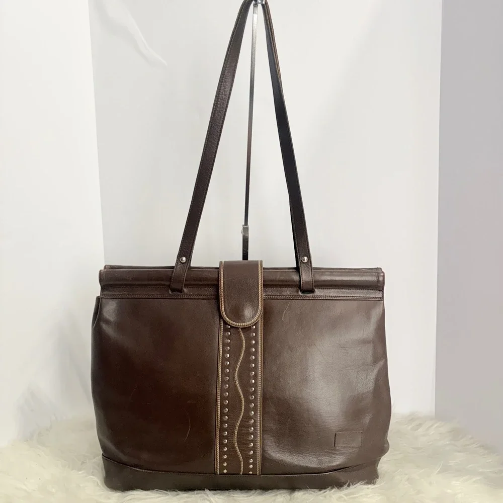 Vintage Kathi Kilburn Brown Leather Studded Tote Bag Handcrafted in Spain RARE